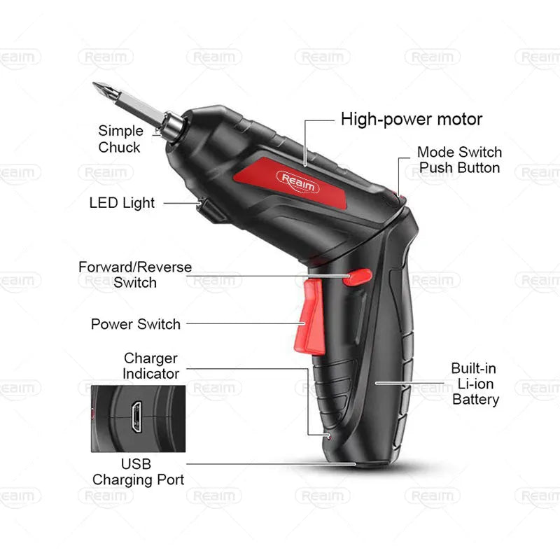 REAIM Cordless Screwdriver 48PCS Set DIY Electric Barena Drill Set Rechargeable Portable Foldable